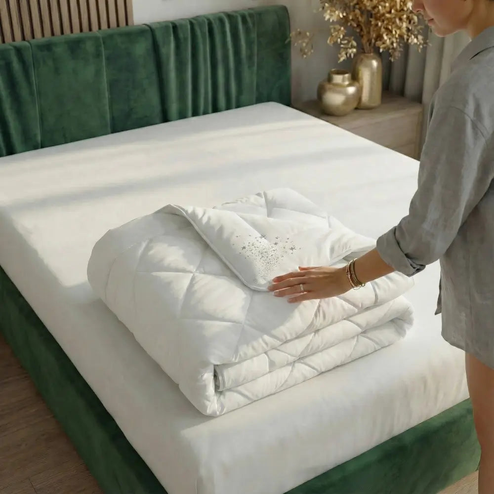 weibliche Hand berührt eine zusammengerollte Bettdecke auf einem grünen Bett