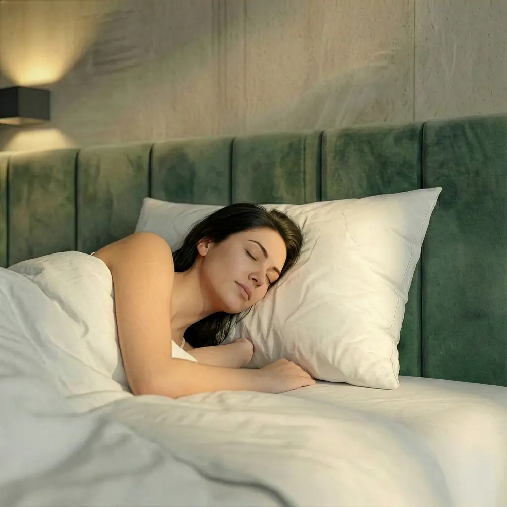 Frau schläft auf einem Kopfkissen in einem modernen Schlafzimmer