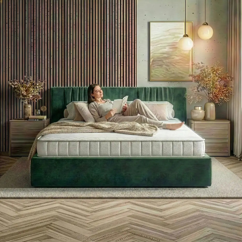 eine Frau liegt auf der weißen Hybridschaummatratze mit 18cm Höhe und liest ein Buch