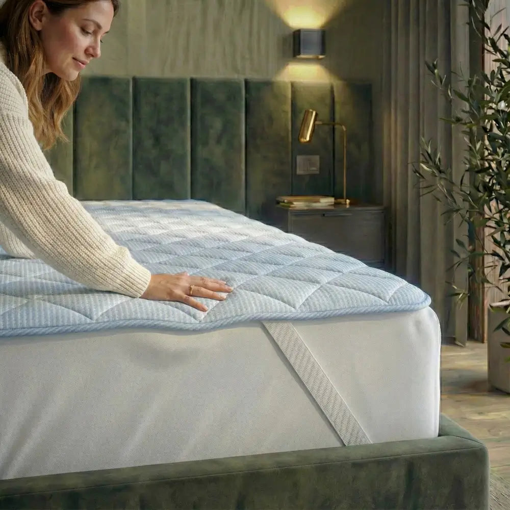 Frau stützt sich auf der TopCool Matratzenauflage ab