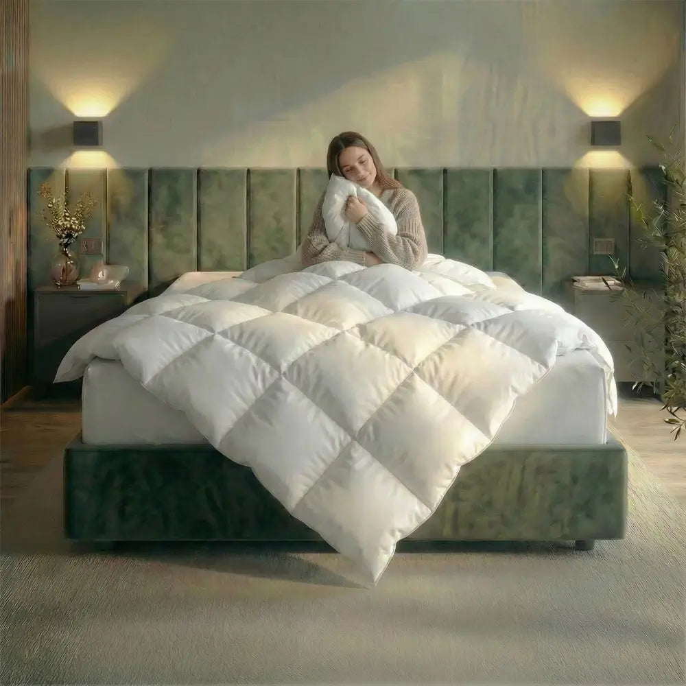 Frau sitzt auf einem grünen Bett in einem modernen Schlafzimmer und kuschelt sich in eine weiße Bettdecke