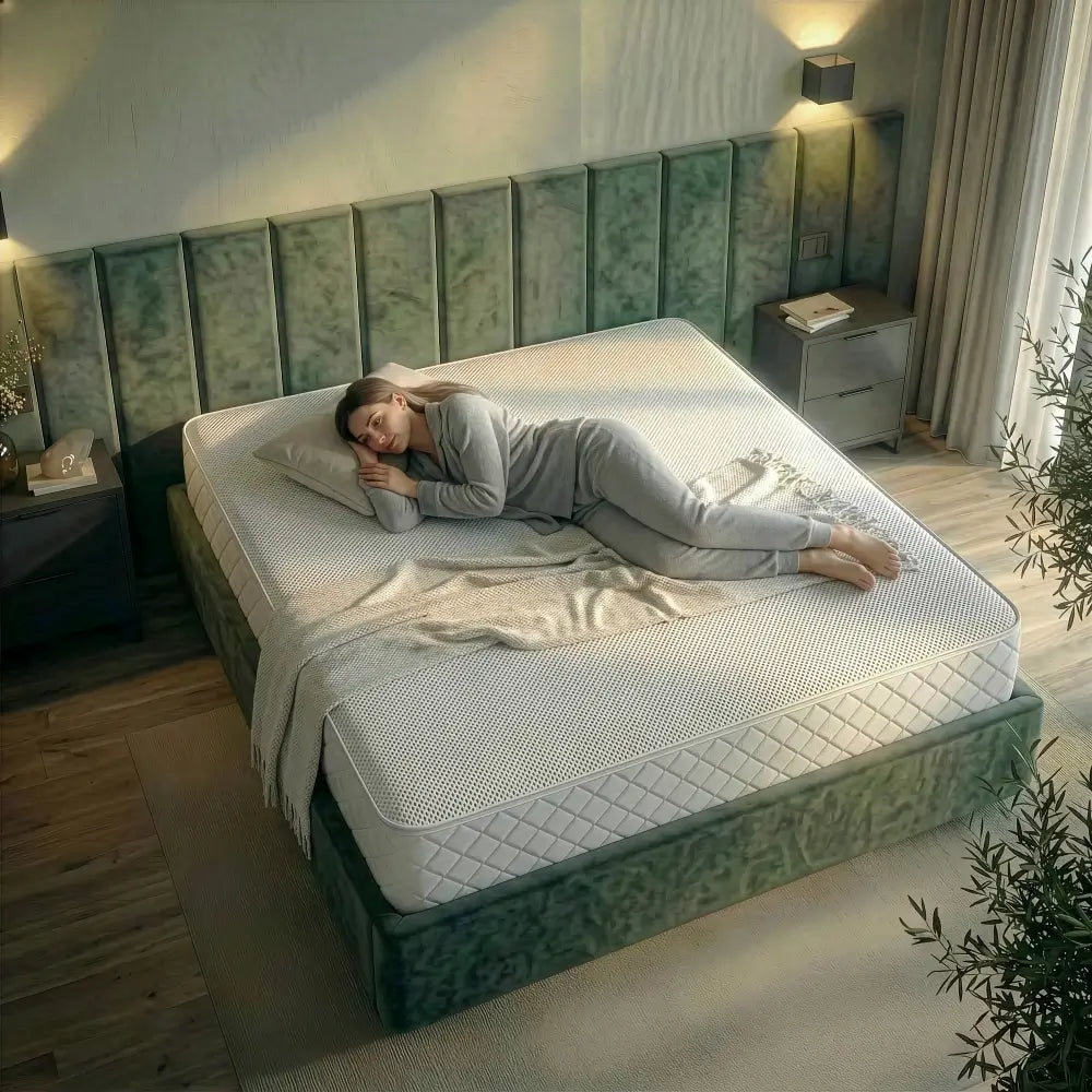 Frau liegt entspannt aus einer weißen Schaummatratze in einem modernen Schlafzimmer