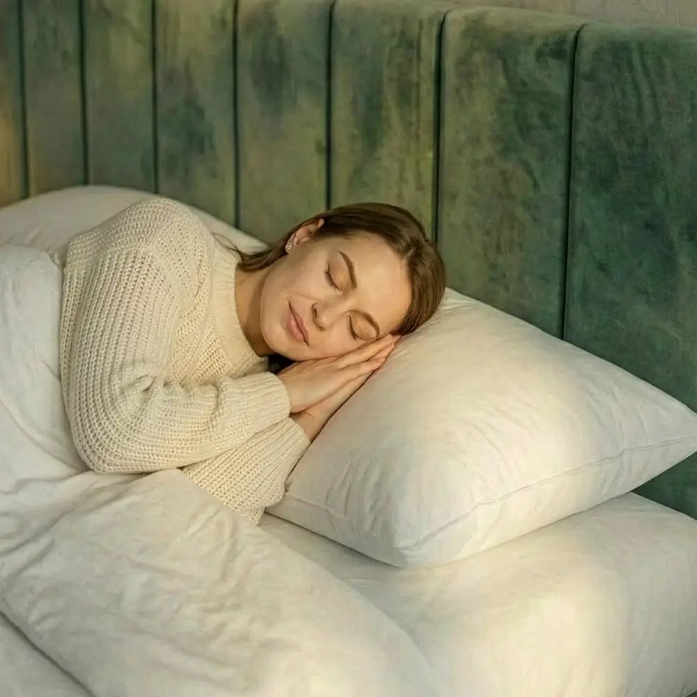 Frau schläft entspannt auf premium veganem Faser-Kissen im Schlafzimmer