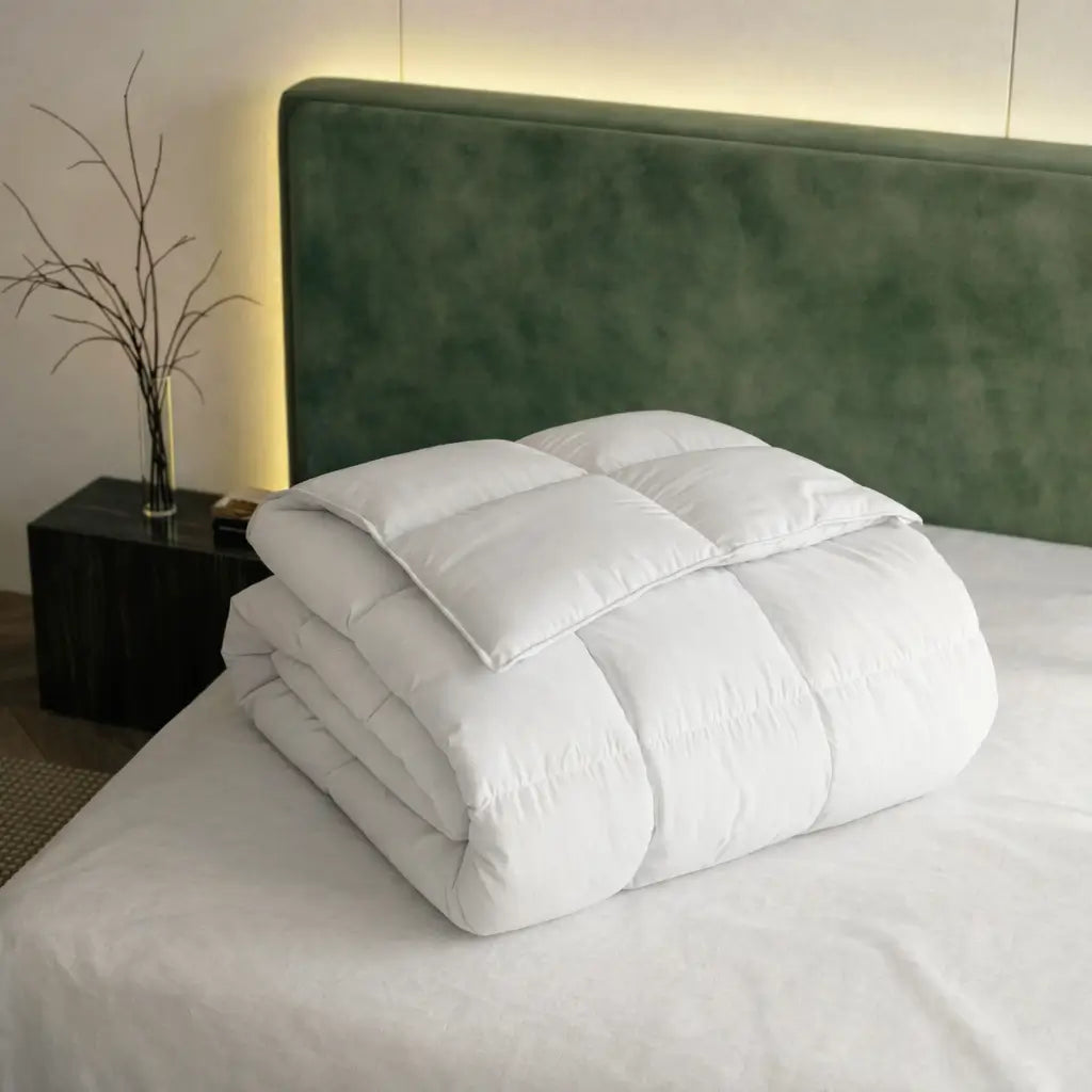 Weiße Superior Daunendecke gefaltet auf modernem Bett mit grünem Samt-Kopfteil, hochwertige Steppung für hohen Schlafkomfort