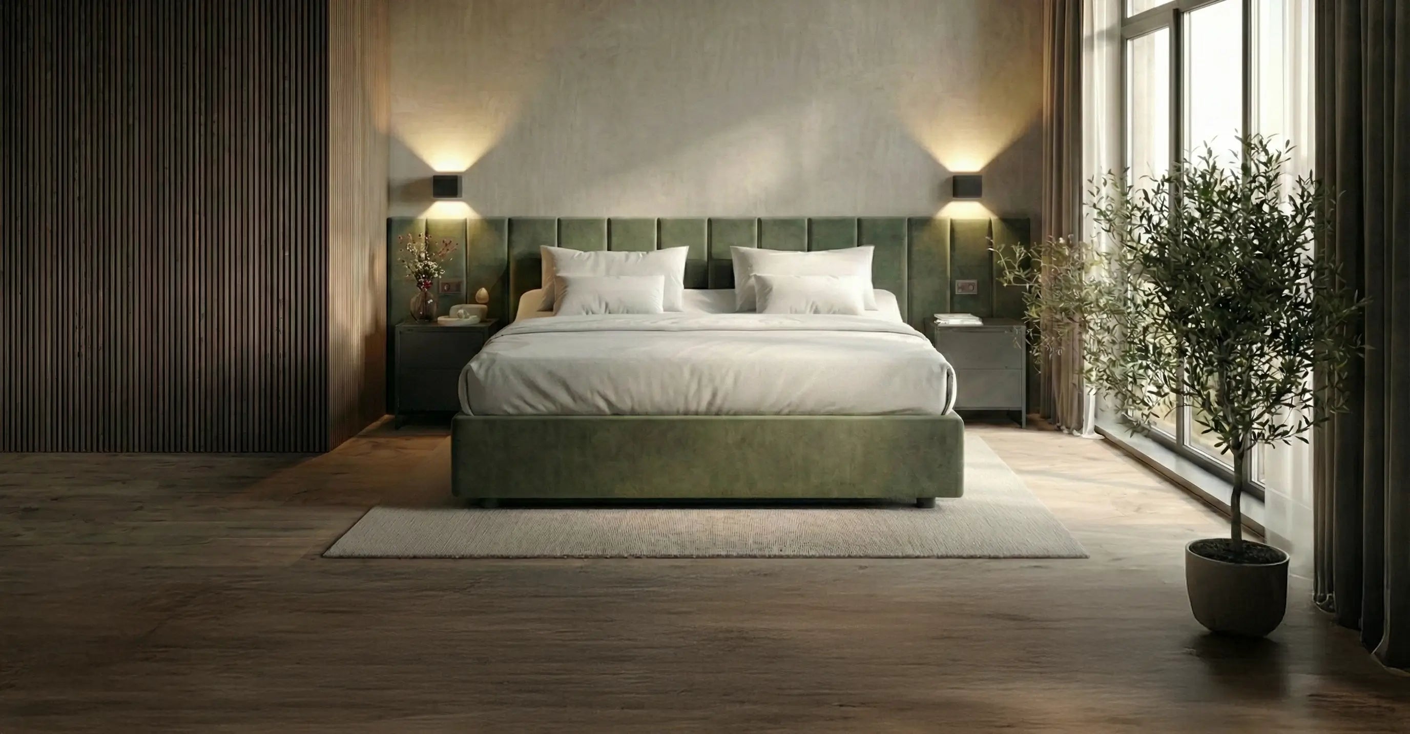 modernes Schlafzimmer mit einem grünen Bett und grünem Kopfteil