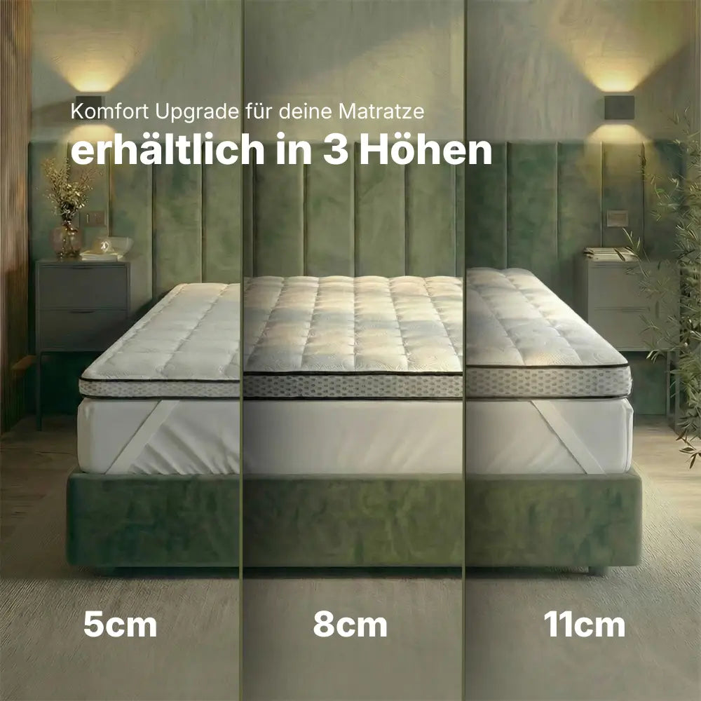 Gelschaum-Topper als Komfort-Upgrade für die Matratze im Höhenvergleich: links 5 cm, mittig 8 cm und rechts 11 cm Höhe auf einem Bett dargestellt