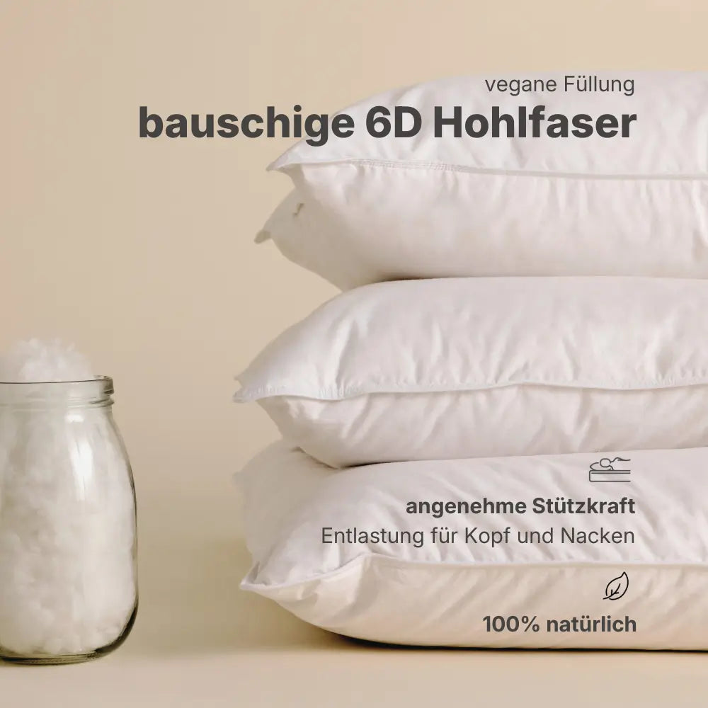 Detaillierte Erklärung der Füllung des Essential veganen Faser-Kissens mit kuscheliger Polyesterhülle und bauschiger 6D-Hohlfaser-Füllung