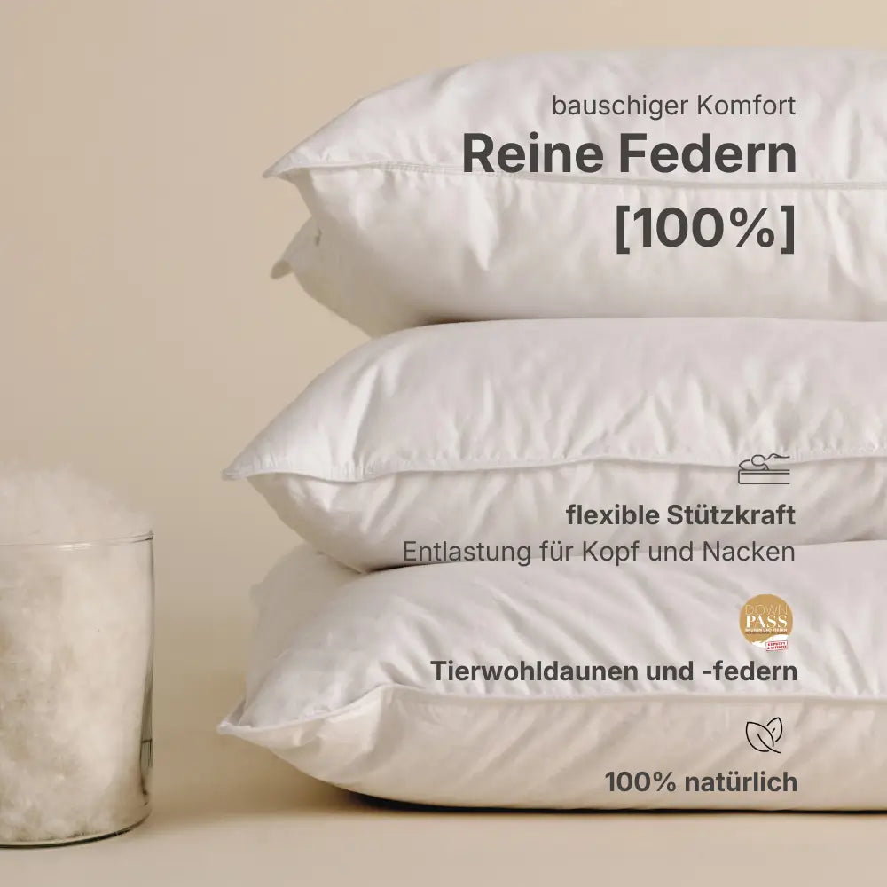 Infografik zum Aufbau des Essential Federkissens mit Beschriftungen zu Baumwollhülle und Federfüllung.