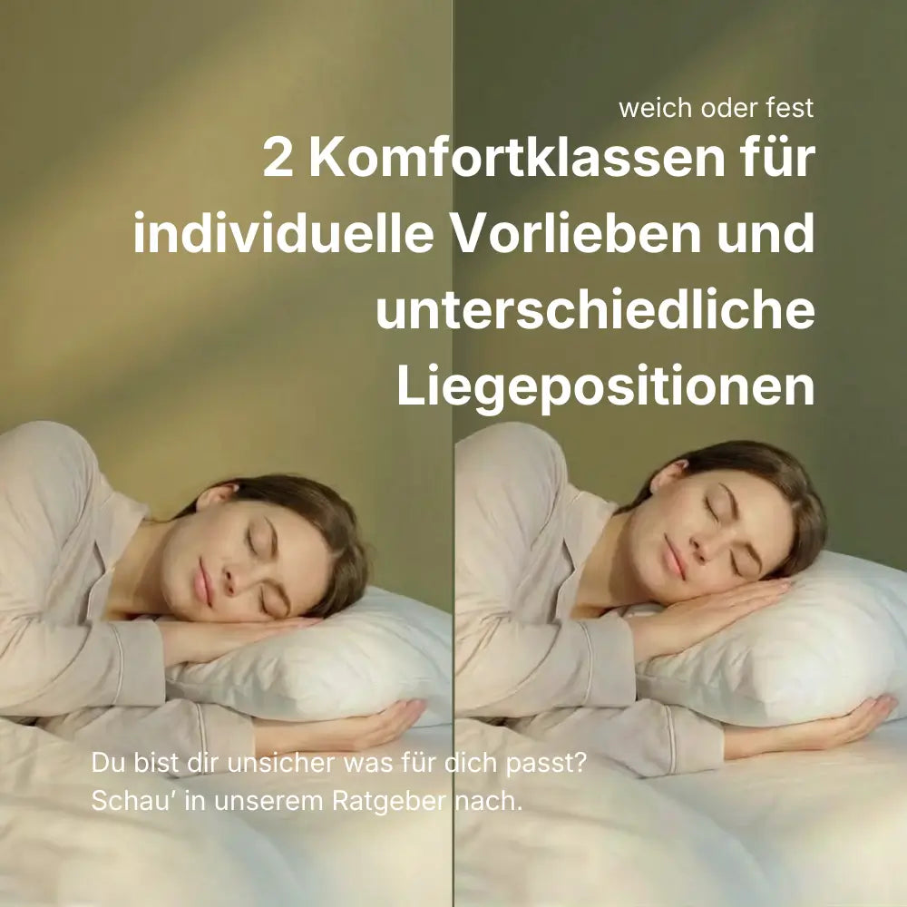 Geteilte Darstellung einer schlafenden Person auf einem weißen Federkissen, links weich und rechts fest, zur Illustration zweier Komfortklassen.