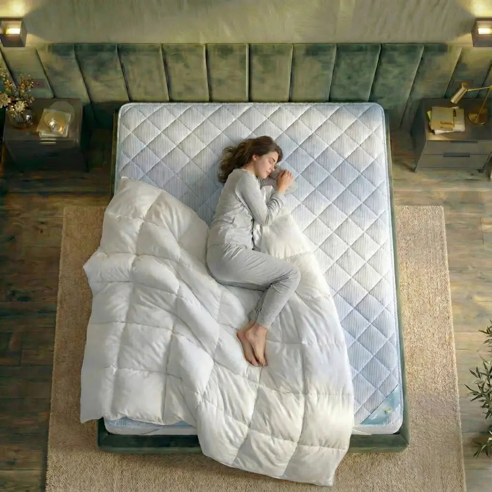 Frau schläft entspannt auf einer TopCool Matratzenauflage, gesteppte kühlende Oberfläche unterstützt ein angenehmes Schlafklima und hohen Liegekomfort