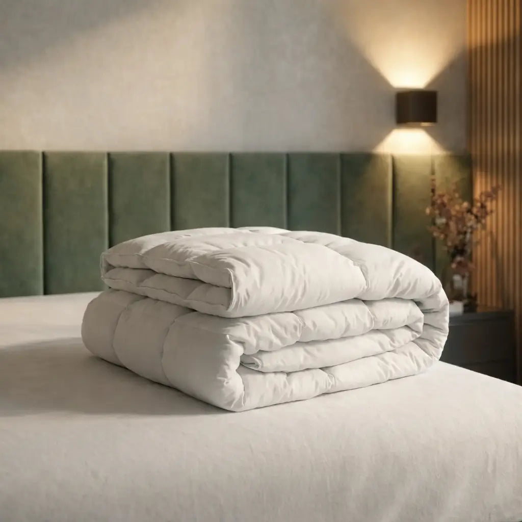 Gefaltete weiße Premium vegane Decke Polypearls auf einem Bett, modernes Schlafzimmer mit grünem Polsterkopfteil und indirekter Wandbeleuchtung