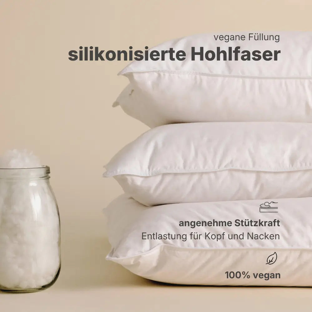 Aufbau des Premium veganen Faser-Kissens mit Baumwollhülle und silikonisierten Hohlfasern