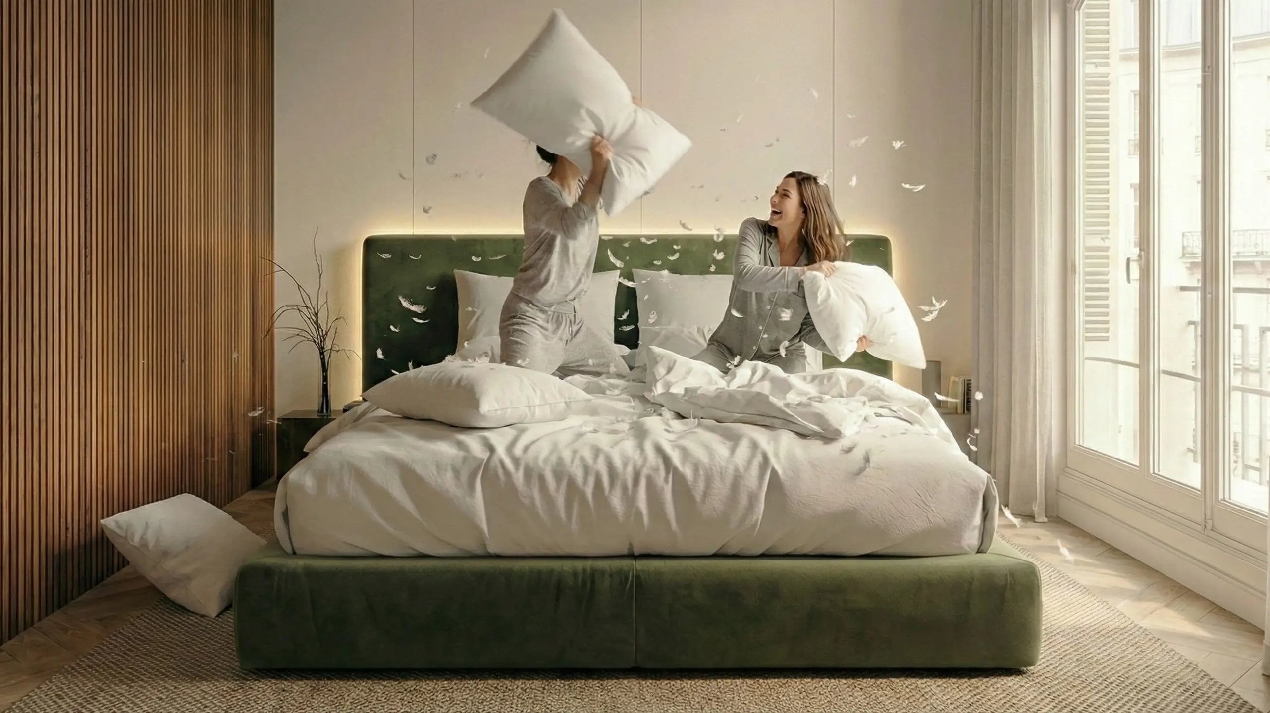 Zwei Frauen liefern sich lachend eine Kissenschlacht auf einem Bett in einem modernen Schlafzimmer, Federn fliegen durch den Raum.