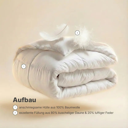 Darstellung des Aufbaus der Superior Daunendecke mit weich gefalteter Decke, sichtbarer Baumwollhülle und schwebenden Daunenfedern, zeigt die Füllung aus 80 % Daunen und 20 % Federn