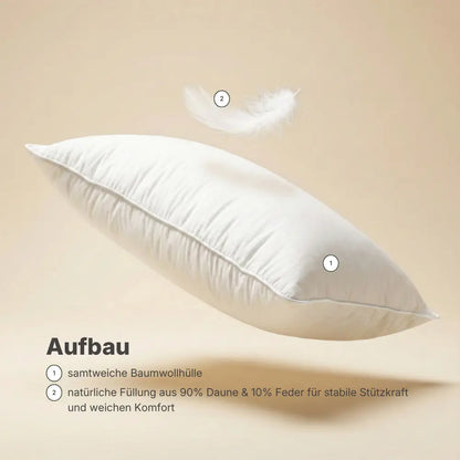 Infografik zum Aufbau des Premium Daunenkissens mit Hinweisen auf Baumwollhülle und Daunen-Feder-Füllung.