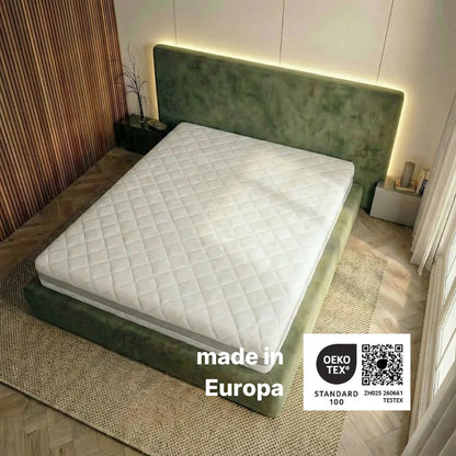 RIBECO 1000 Federkernmatratze auf Polsterbett mit Hinweis auf Made in Europa und OEKO-TEX Standard 100