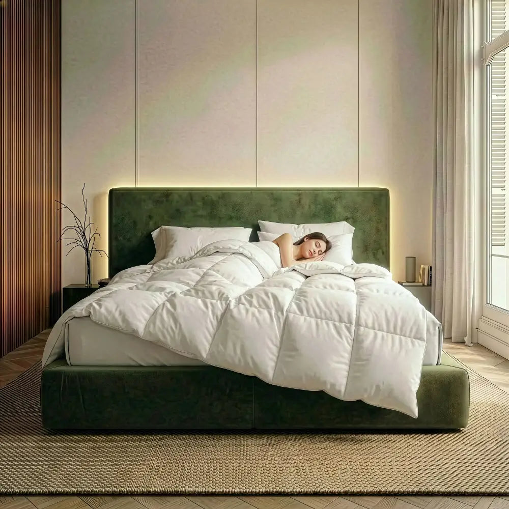 Frau schläft seitlich unter einer weißen Bettdecke in einem modernen Schlafzimmer