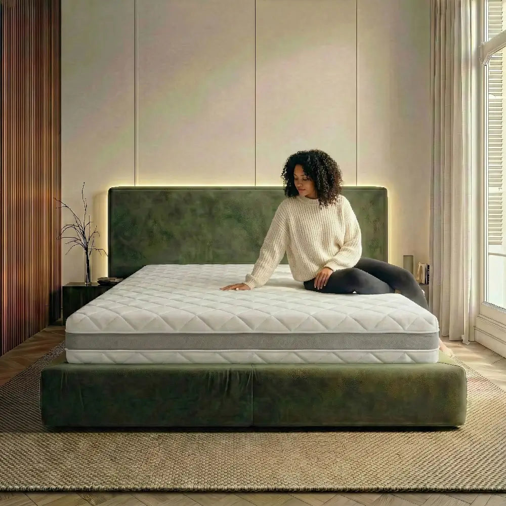 Frau sitzt auf der Federkernmatratze 1000 und stützt sich mit einer Hand ab