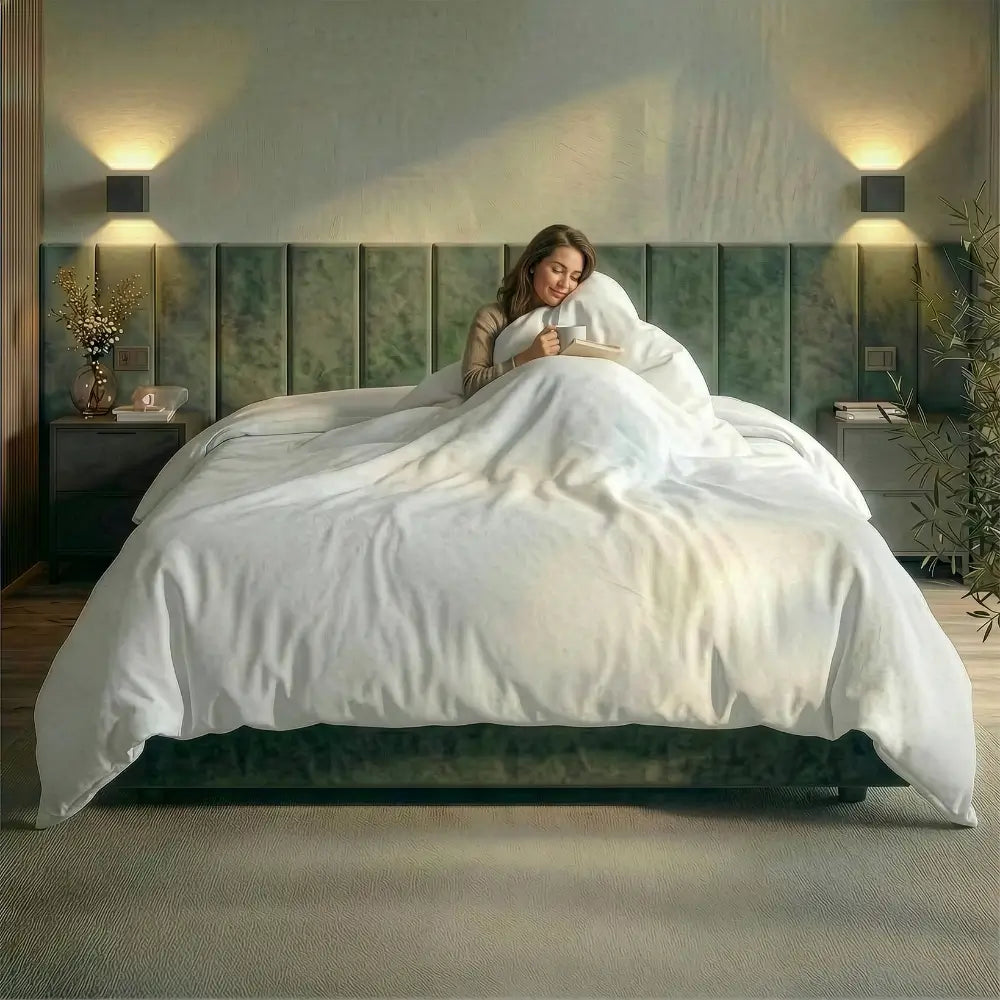 Frau sitzt in einem grünen Bett und kuschelt sich an eine weiße Bettdecke und ließt ein Buch