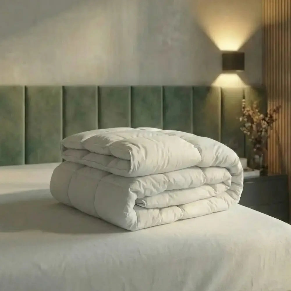 Gefaltete weiße Premium vegane Decke Polypearls auf einem Bett, modernes Schlafzimmer mit grünem Polsterkopfteil und indirekter Wandbeleuchtung