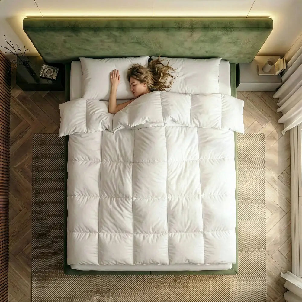 Frau schläft unter einer weißen Bettdecke in einem grünen Bett