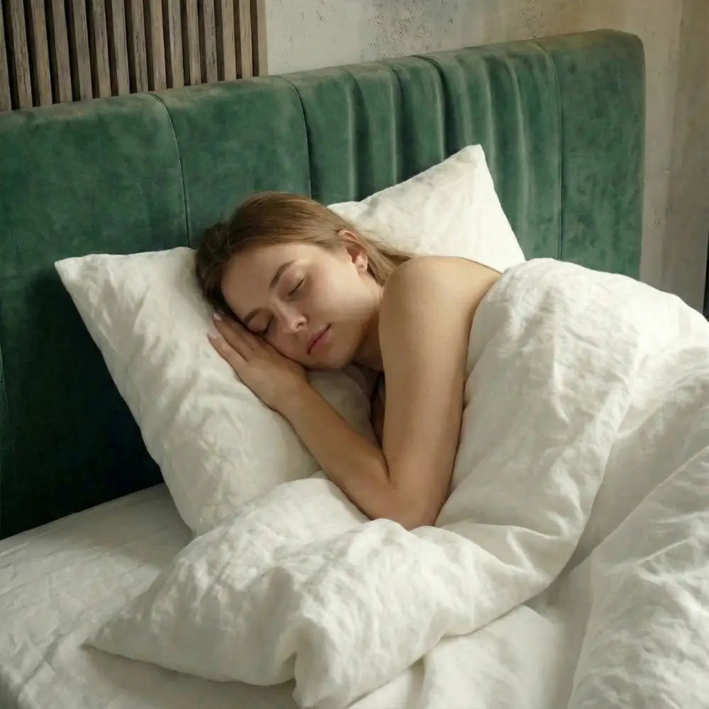 Frau schläft in einem modernen Schlafzimmer und kuschelt sich an ein weißes Kopfkissen