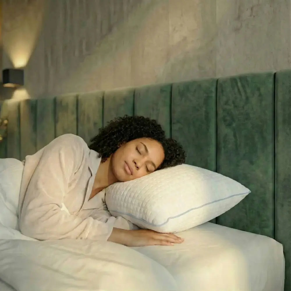 Frau schläft auf dem Kühlkissen in einem modernen Schlafzimmer