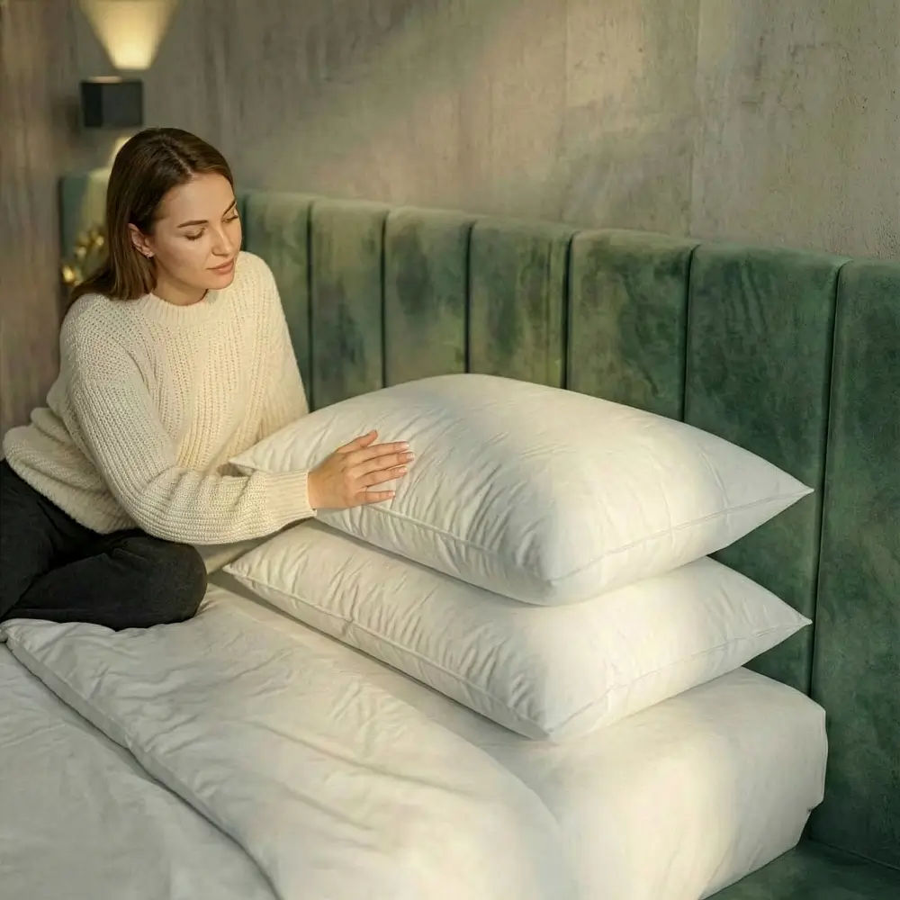 Frau sitzt auf einem grünen Bett und streichelt über das oberste Kopfkissen eines Stapels