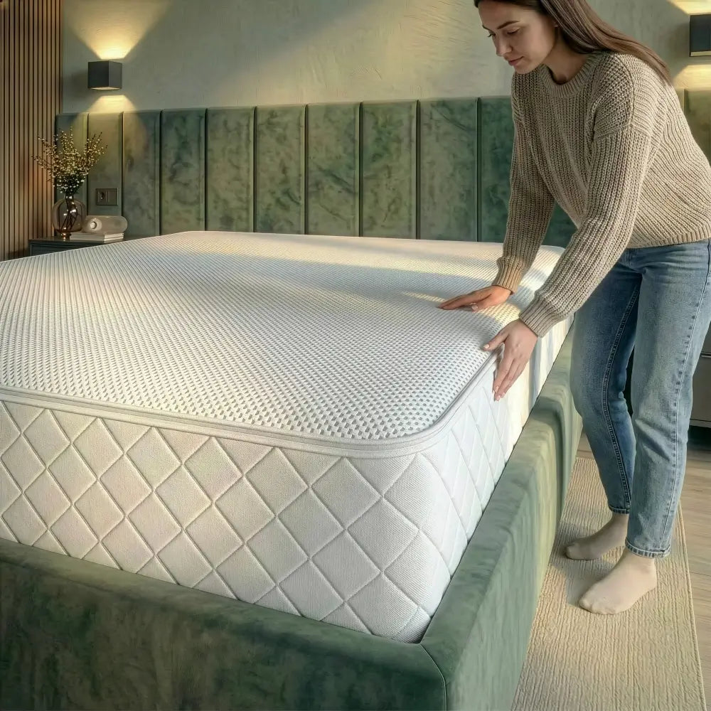 Frau steht in einem modernen Schlafzimmer und berührt eine weiße Schaummatratze