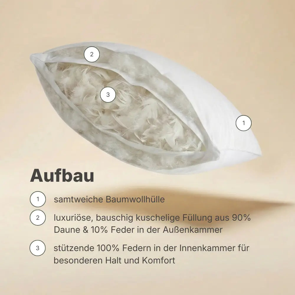 Schnittdarstellung des Superior 3-Kammer-Kissens mit Außenkammern aus Daune und Federkern in der Innenkammer