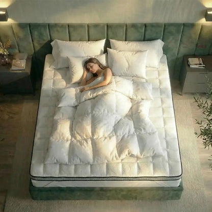 Gelschaum-Topper auf Doppelbett mit schlafender Person, ergonomische Druckentlastung und körperanpassender Schlafkomfort