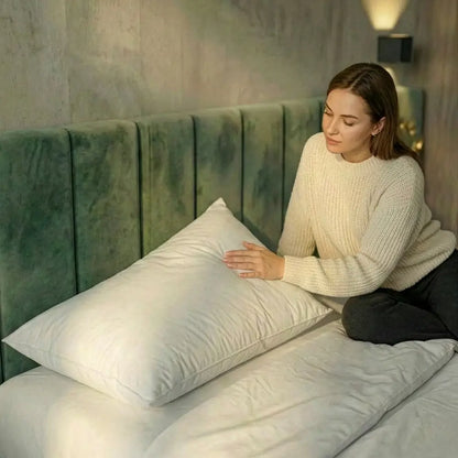 Person sitzt auf einem Bett und berührt ein weißes Premium Daunenkissen vor einem grünen, gepolsterten Kopfteil.