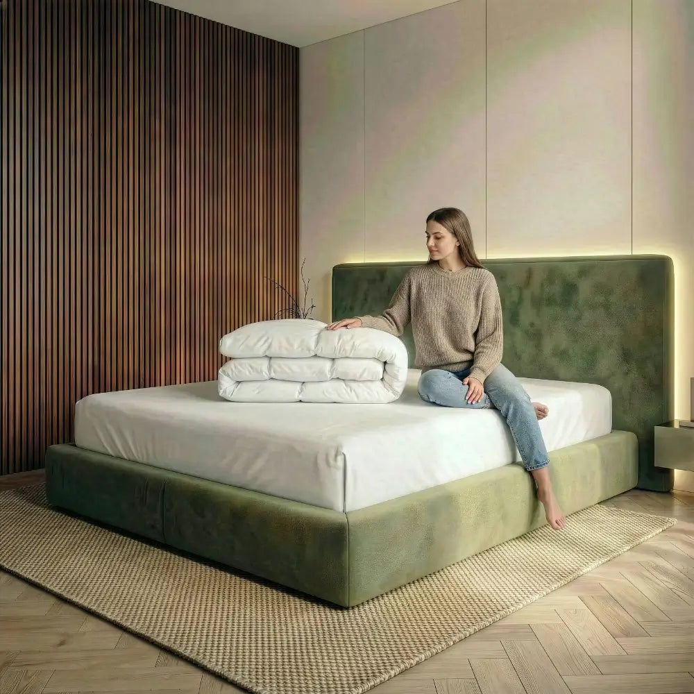 Frau sitzt auf einem modernen Bett und berührt eine gefaltete weiße Superior Daunendecke mit hochwertiger Steppung, präsentiert für luxuriösen Schlafkomfort