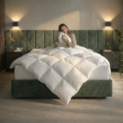 Frau sitzt entspannt im Bett und kuschelt sich in die weiße Premium vegane Decke Polypearls, modernes Schlafzimmer mit grünem Kopfteil und warmer Wandbeleuchtung
