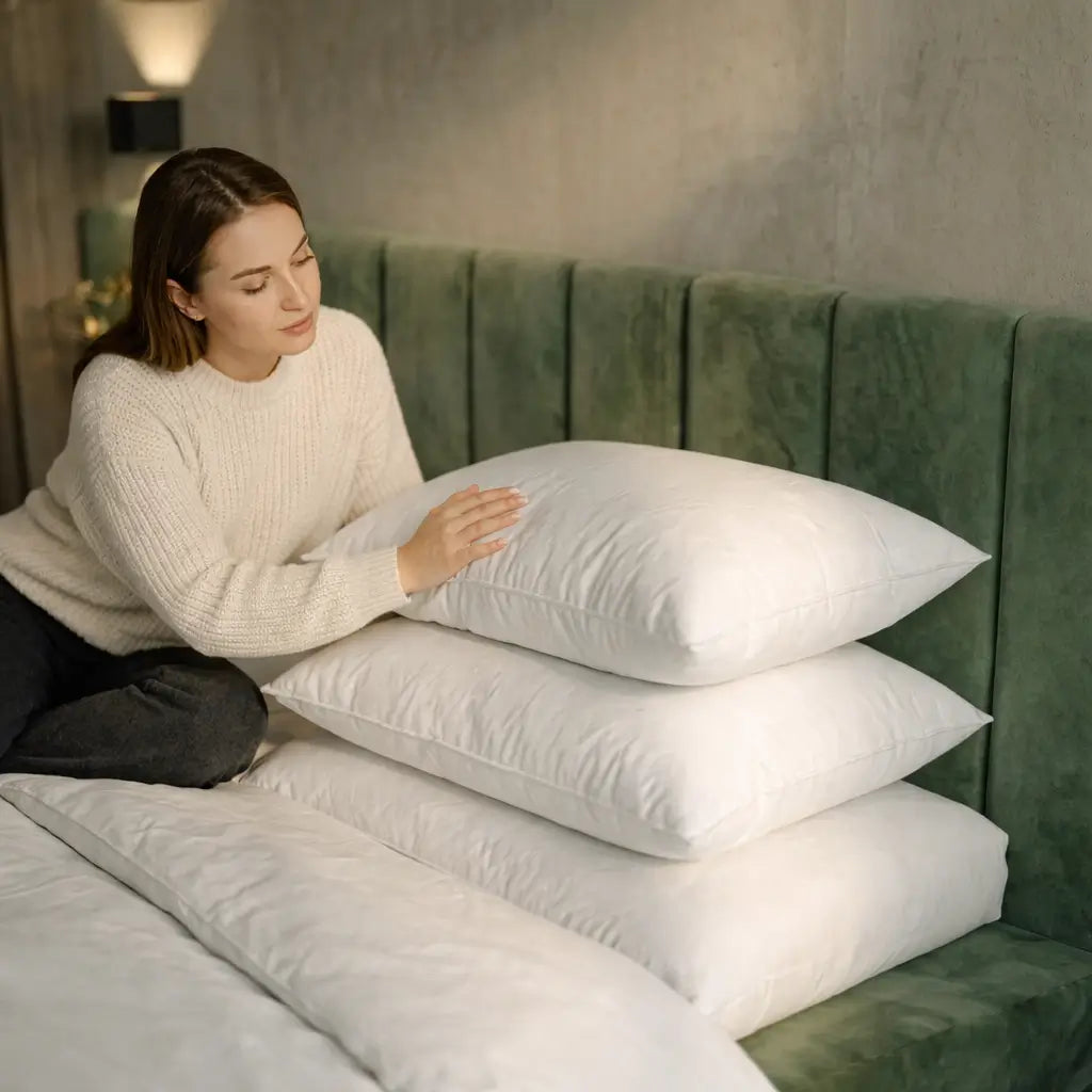 Frau sitzt auf einem Bett in einem modernen Schlafzimmer und berührt mit einer Hand einen Stapel aus zwei weißen Kopfkissen