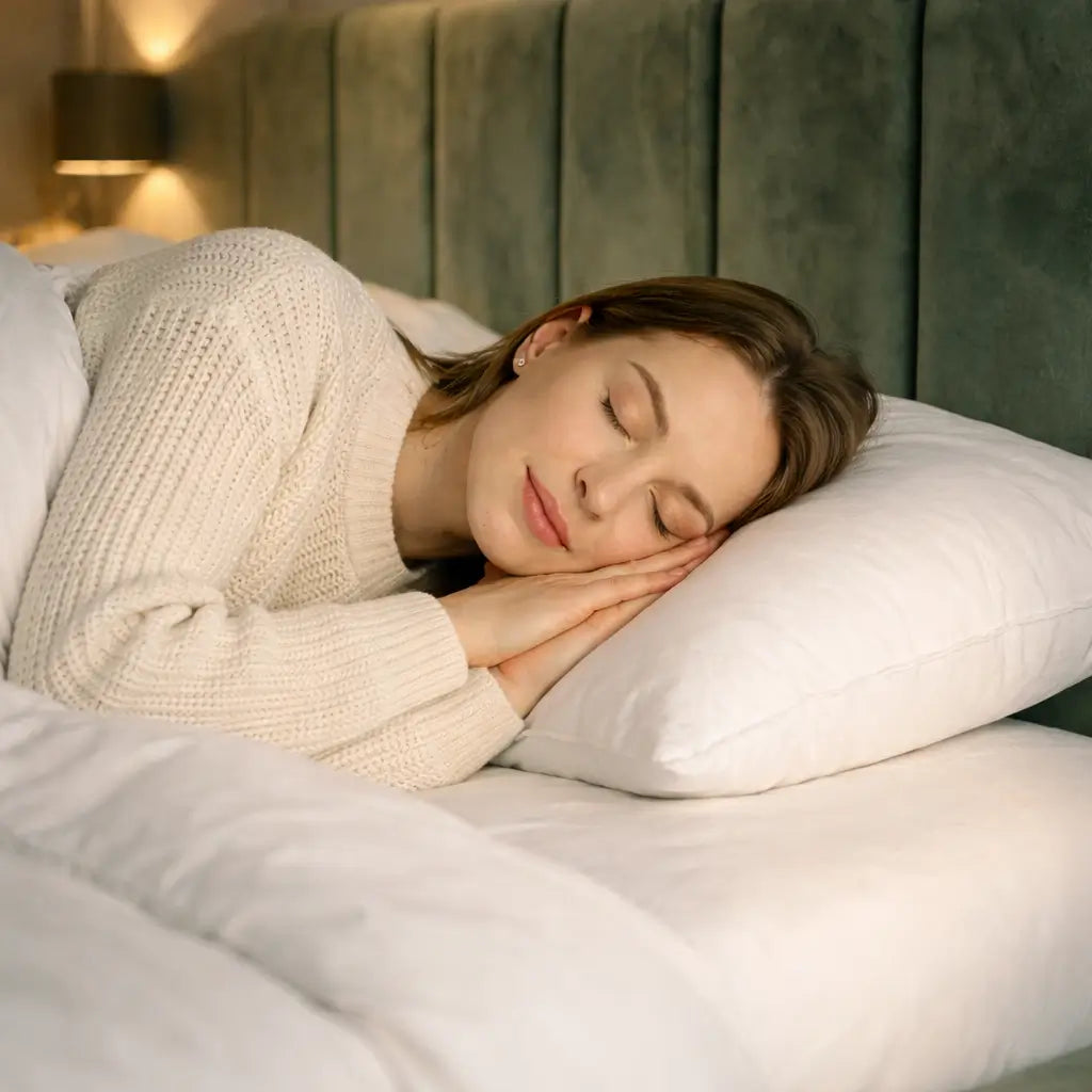 Frau schläft auf einem weißen Kopfkissen in einem modernen Schlafzimmer