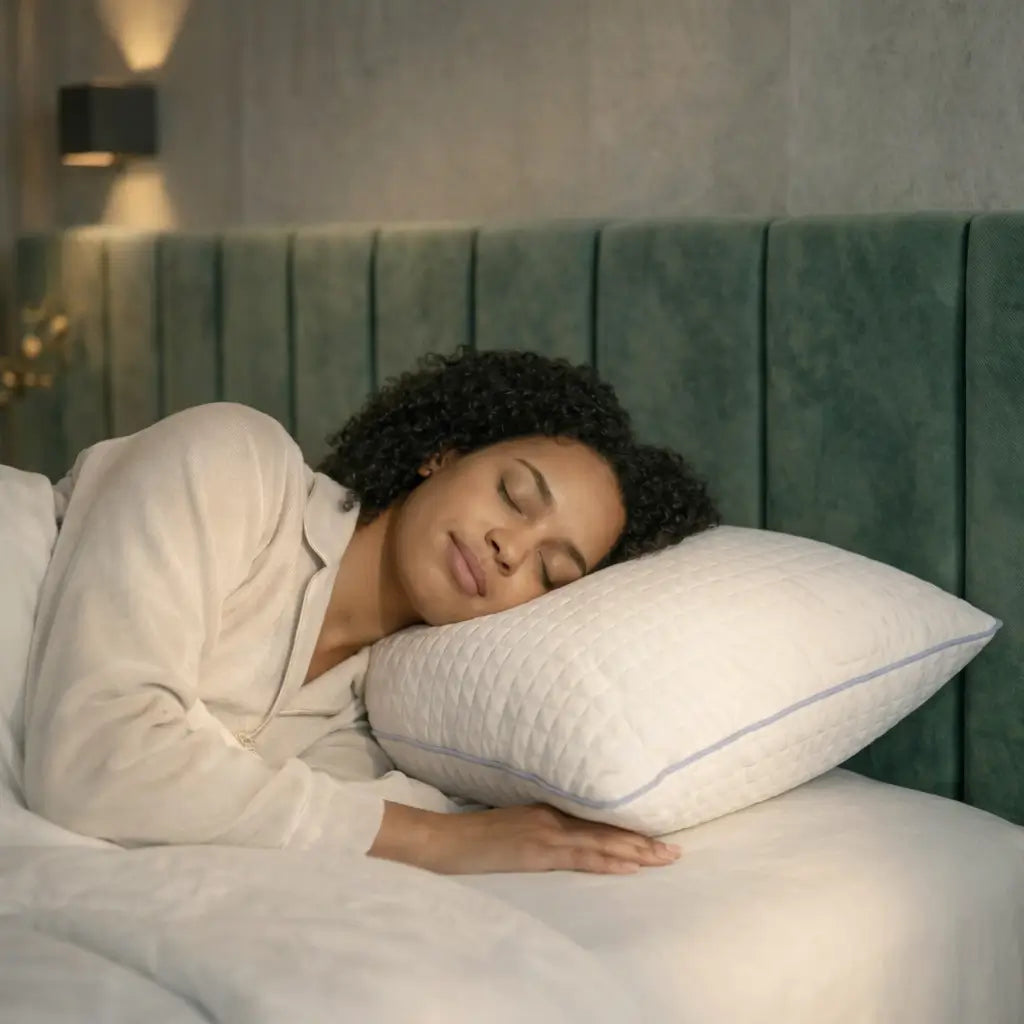 Frau schläft seitlich auf dem Kühlkissen