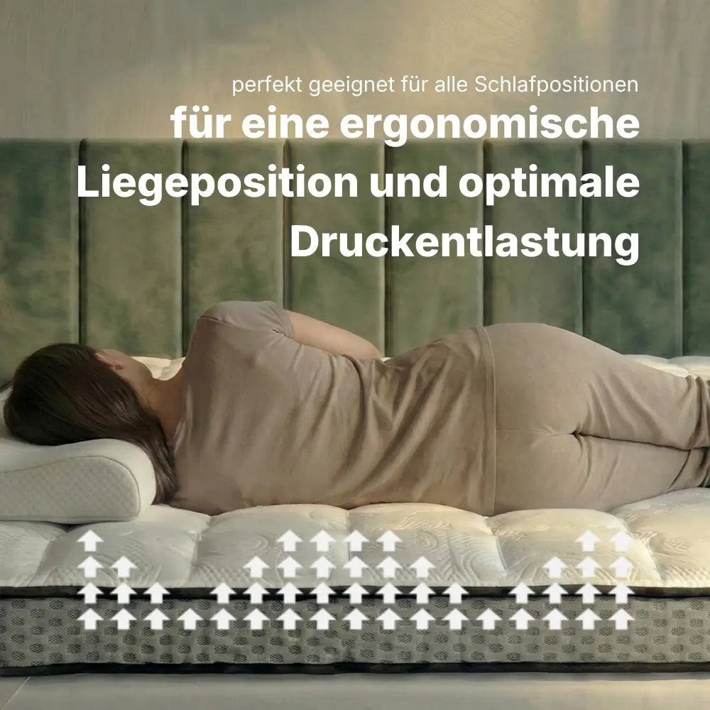 Seitenschläferin liegt auf Gelschaum-Topper, der sich ergonomisch an den Körper anpasst und durch gleichmäßige Druckentlastung für eine gesunde Liegeposition sorgt