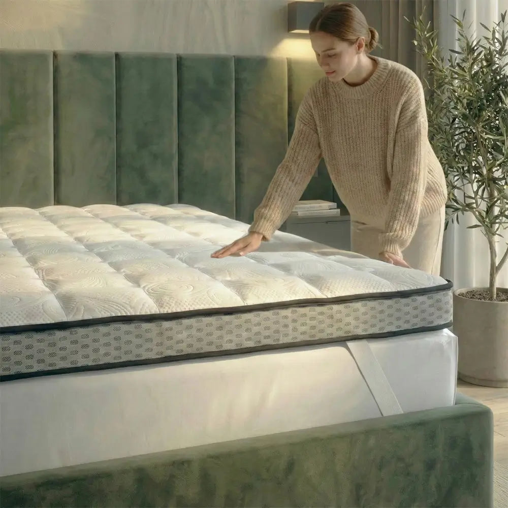 Person testet Gelschaum-Topper auf dem Bett, druckentlastende Oberfläche und ergonomische Anpassung für verbesserten Schlafkomfort
