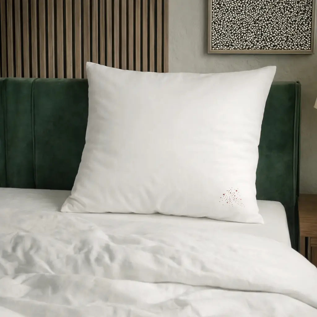 Essential veganes Faser-Kissen mit weicher Baumwollhülle, formstabil und voluminös, auf modernem Bett arrangiert