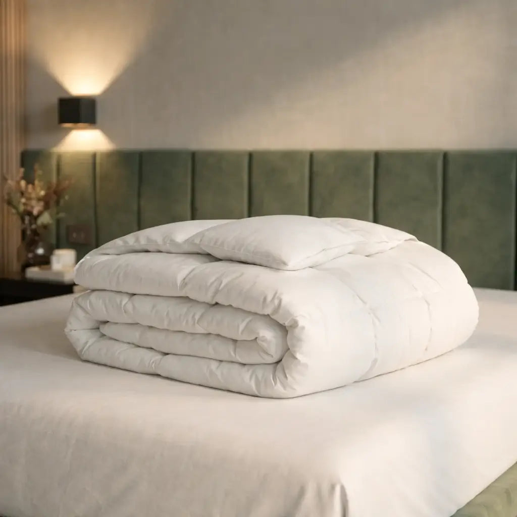Zusammengelegte Premium Daunen- und Federdecke auf einem Bett, voluminöse Füllung für angenehme Wärme, hohen Schlafkomfort und luxuriöses Liegegefühl