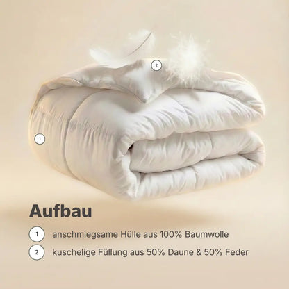 Grafische Darstellung der Premium Daunen- und Federdecke mit Aufbau: Hülle aus 100 % Baumwolle und Füllung aus 50 % Daunen und 50 % Federn für kuscheligen Schlafkomfort