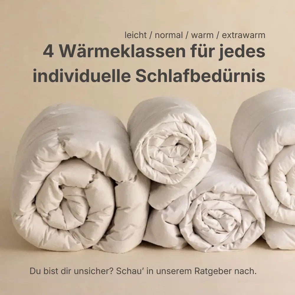 Mehrere gerollte Premium Daunen- und Federdecken nebeneinander, Darstellung von vier Wärmeklassen für individuelles Schlafbedürfnis von leicht bis extrawarm