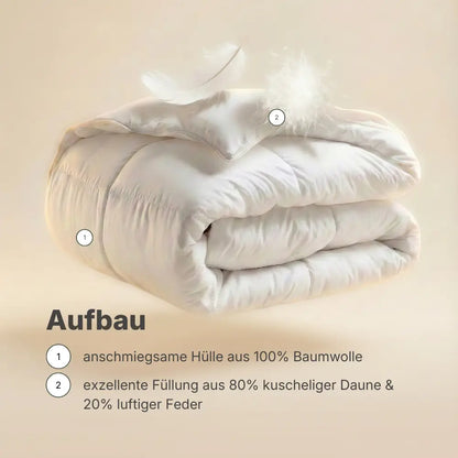 Darstellung des Aufbaus der Superior Daunendecke mit weich gefalteter Decke, sichtbarer Baumwollhülle und schwebenden Daunenfedern, zeigt die Füllung aus 80 % Daunen und 20 % Federn