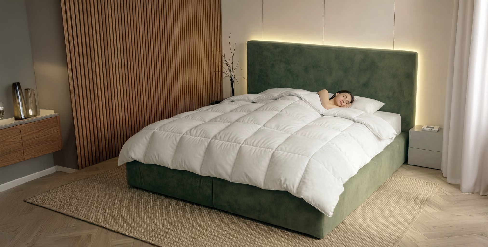 Frau schläft unter einer weißen Bettdecken in einem hellen modernen Schlafzimmer mit dunkel grünem Bett