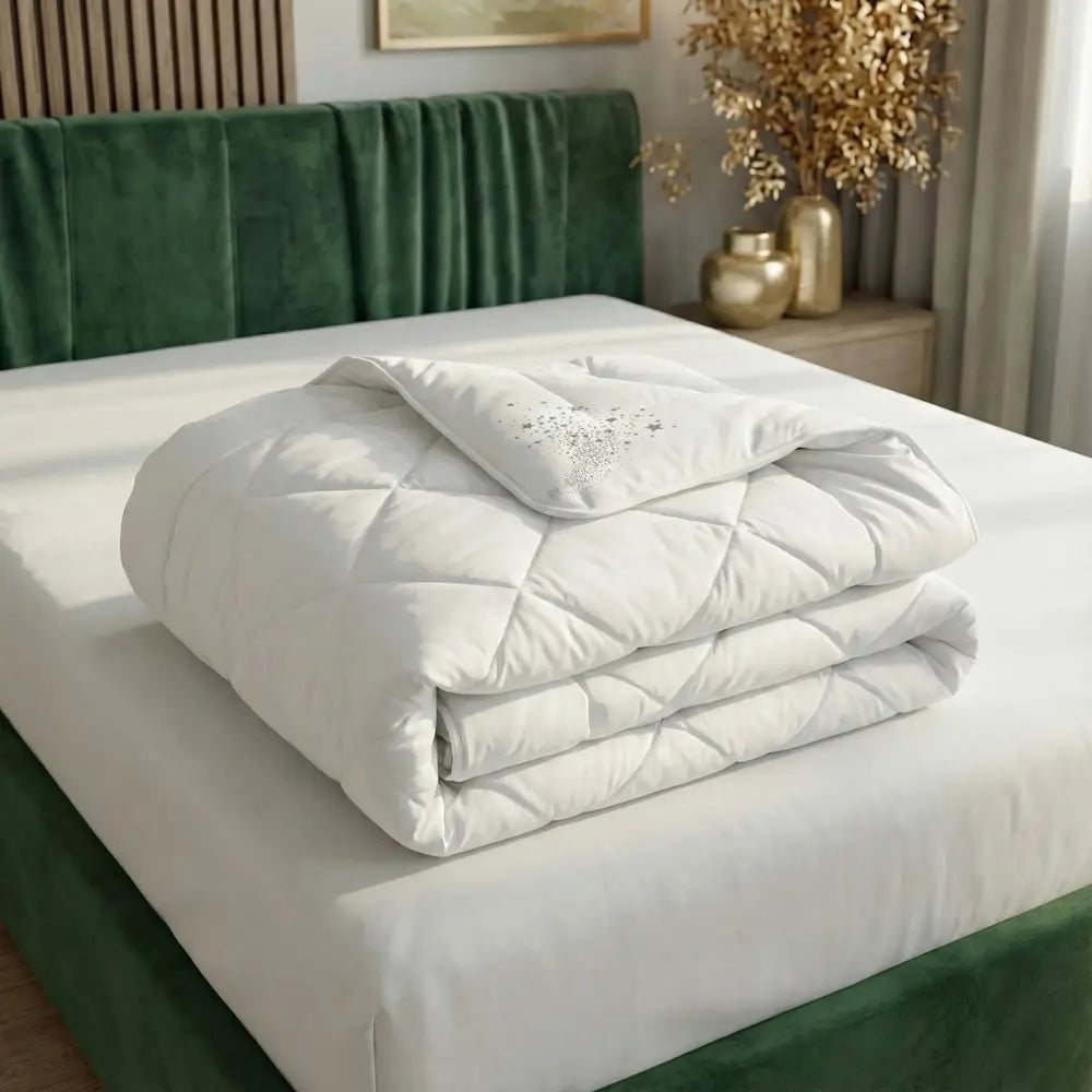Zusammengelegte Essential vegane Decke aus Faser auf einem Bett, leichte synthetische Füllung sorgt für angenehmen Schlafkomfort und gleichmäßige Wärme