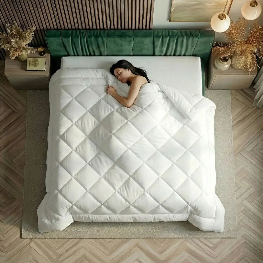 Person schläft unter der Essential veganen Faserdecke mit karierter Steppung, gleichmäßige Wärmeverteilung für angenehmen und leichten Schlafkomfort