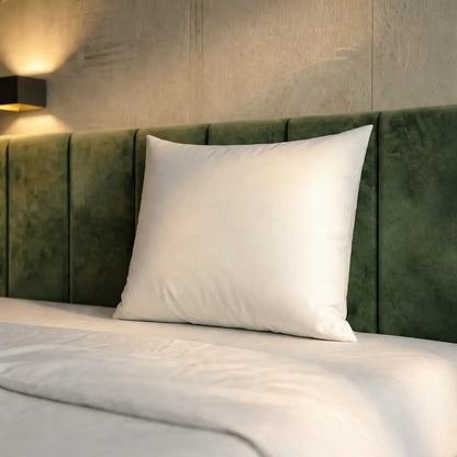 Weißes Premium Feder- und Daunenkissen steht auf einem Bett vor einem grünen, gepolsterten Kopfteil.