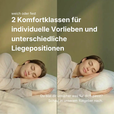 Geteiltes Vergleichsbild einer schlafenden Person auf einem weißen Premium Feder- und Daunenkissen, links weich und rechts fest.