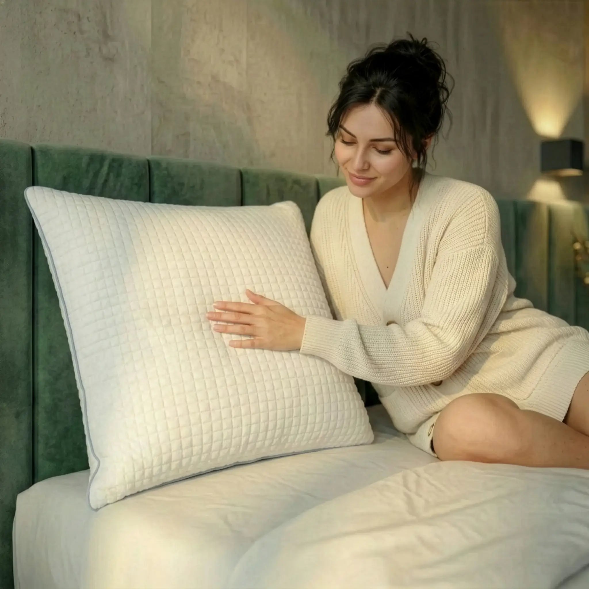 Frau sitzt auf einem grünen Bett und berührt ein weißes Funktionskopfkissen